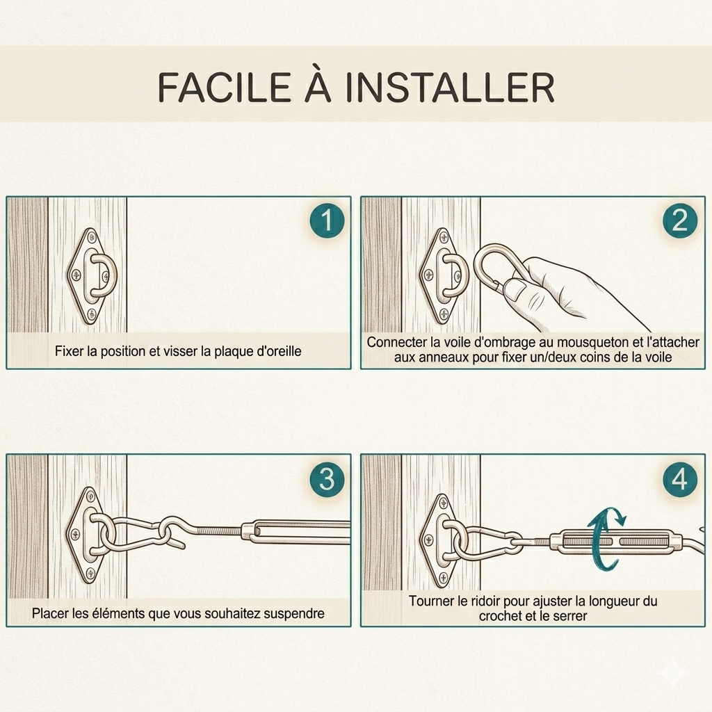 Kit Fixation Voile d’Ombrage Inox 304 – Résistant Vent